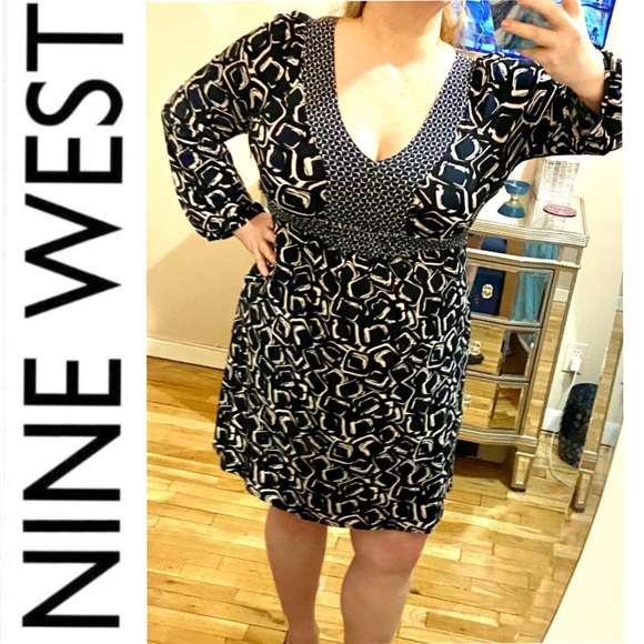 Nine West FLATTERING Empire-Waist Blue Print Dress - Picture 8 of 10